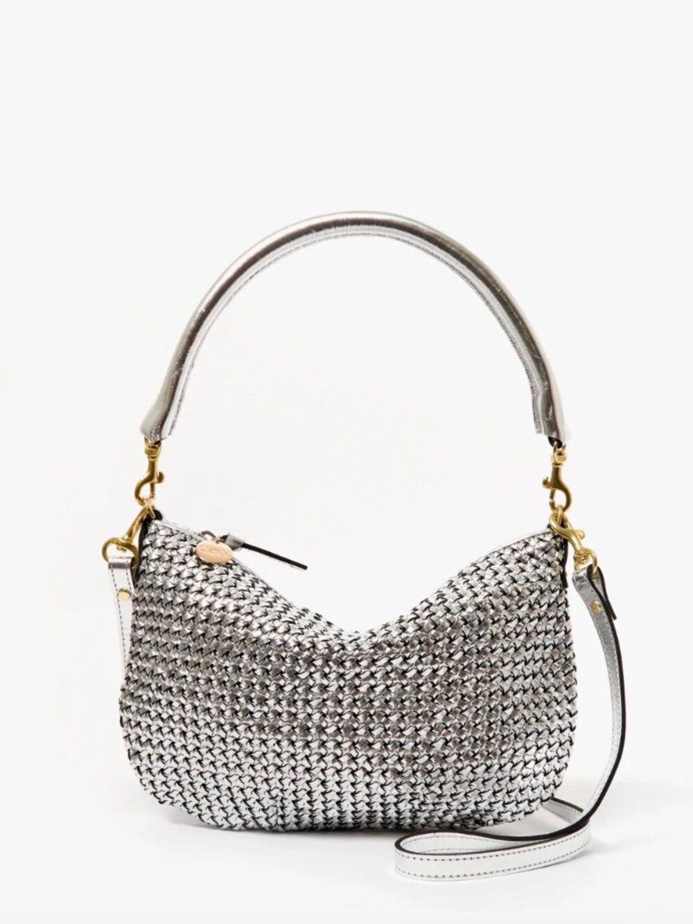 CLARE V Petit Moyen Silver Woven Leather Crossbody Bag